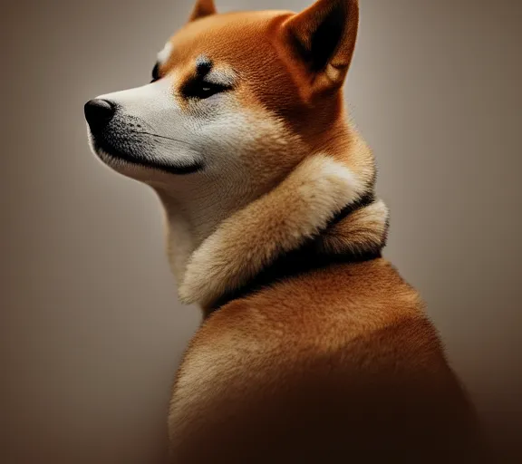 Image similar to a portrait of shiba inu with a mushroom cap growing on its head by luis royo. intricate. lifelike. soft light. sony a 7 r iv 5 5 mm. cinematic post - processing