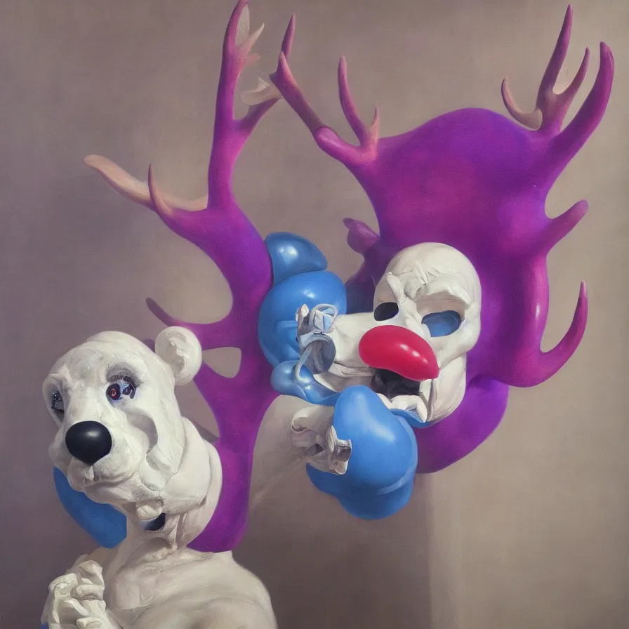 Image similar to rare hyper realistic portrait painting by italian masters, symmetrical composition, studio lighting, brightly lit purple room, a blue rubber duck with antlers laughing at a giant laughing white bear with a clown mask