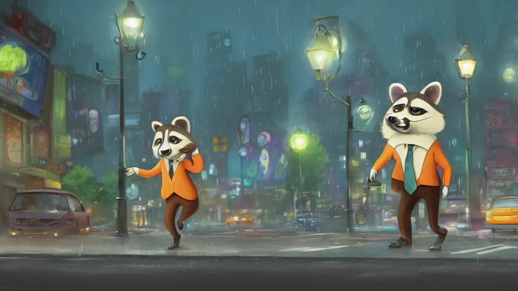 Prompt: A cute anthropomorphic raccoon businessman is walking down a busy crosswalk at in the rain at night, warm lighting with an orange glow blanketing the cityscape from the city lights, zootopia, other anthropomorphic characters are walking by him, extremely detailed, HDR, sideview, solemn and moody, many cars and animal people in the background, detailed face and eyes, large eyes with visible pupils, the road is wet with many rain puddles, reflections from the water on the ground, he is carrying a black briefcase