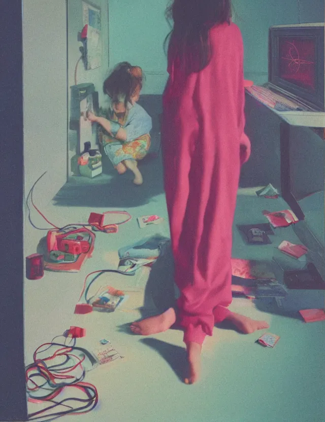 Prompt: girl in pajama playing computer games in dark room, redshift, wide shot, coloured polaroid photograph with flash, pastel, kodak film, hyper real, stunning moody cinematography, anamorphic lenses, by maripol, fallen angels by wong kar - wai, style of suspiria and neon demon and bahnhof zoo, david hockney, detailed, oil on canvas