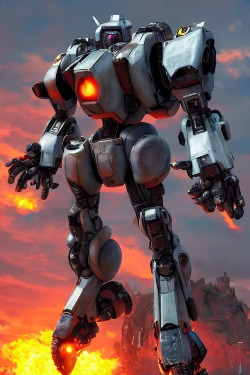 Image similar to mechwarrior 5 : mercenaries mech megaman transformer robot boss tank engine game octane render, 4 k, hd 2 0 2 2 3 d cgi rtx hdr style chrome reflexion glow fanart, global illumination ray tracing hdr fanart arstation by ian pesty by jesper ejsing pixar and disney unreal zbrush central hardmesh