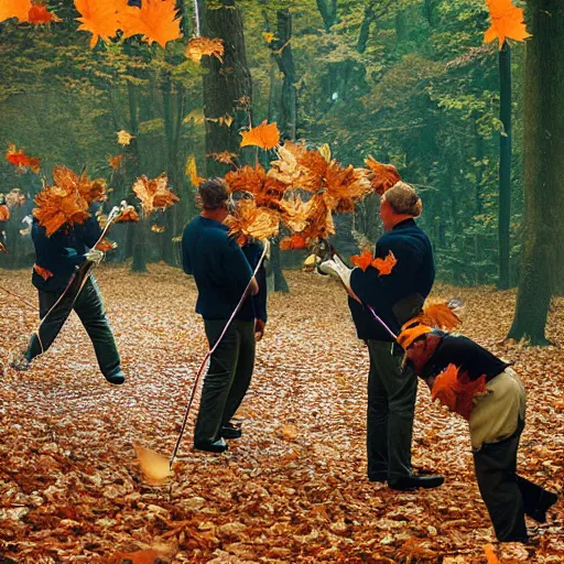 Image similar to men with leaf blowers fighting the falling leaves in a forest, detailed face, by Steve McCurry and David Lazar, CANON Eos C300, ƒ5.6, 35mm, 8K, medium-format print