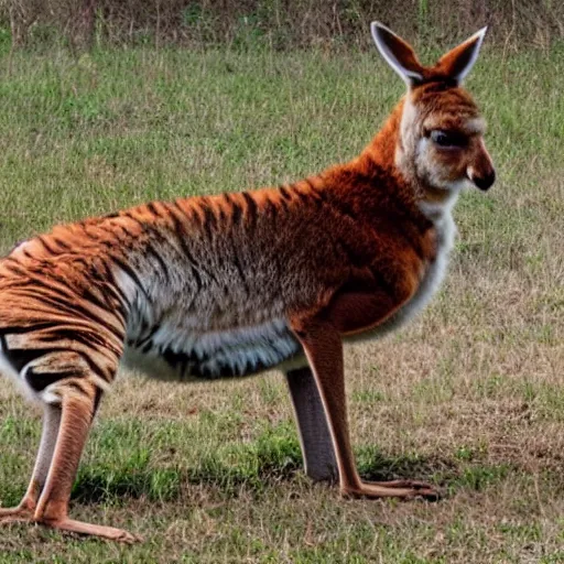 Image similar to a kangaroo with tiger stripes and a big red beard