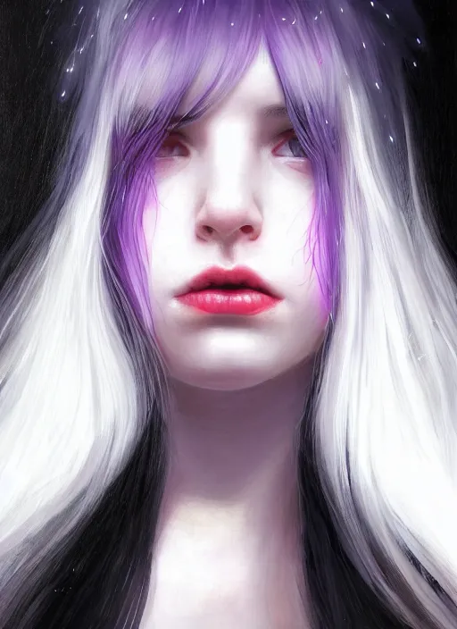 Image similar to hair whitebangs hair, black hair, whitebangs, portrait of teenage girl with white bangs, red irises, purple clothes, white bangs, bangs are different color from hair, intricate, elegant, glowing lights, highly detailed, digital painting, artstation, concept art, smooth, sharp focus, illustration, art by wlop, mars ravelo and greg rutkowski