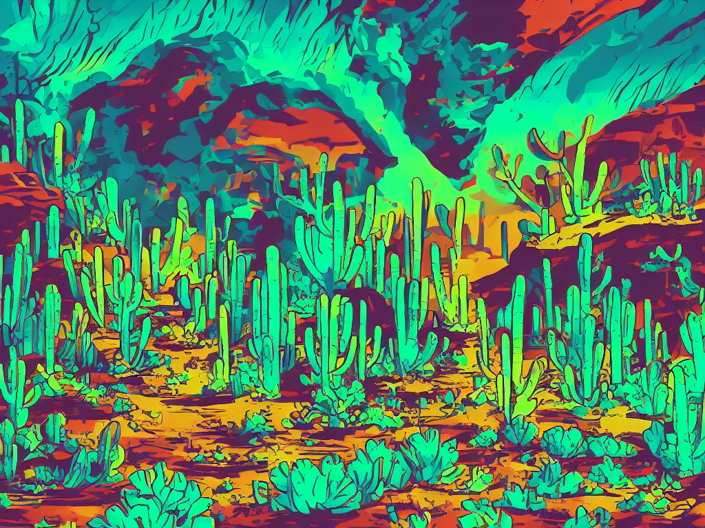 Image similar to vector illustration!!!! duotone!! desert rave inside of cactus cave!!!!!! cinematic composition!! poster design!