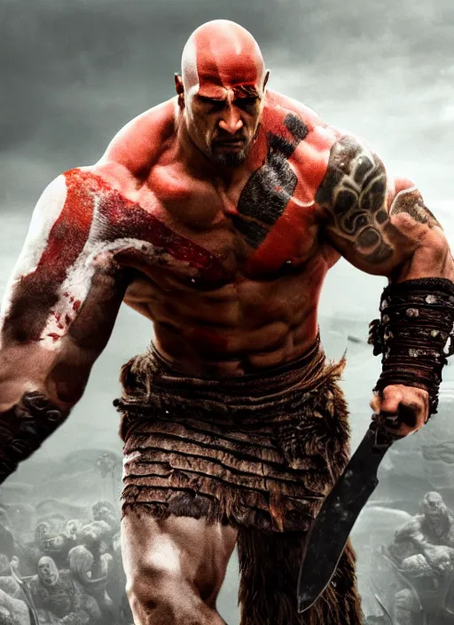 Image similar to film still, a highly detailed beautiful closeup photo of dwayne johnson kratos hybrid god of war holding a sword and fighting zombies on a pile of human skulls, spartan warrior, olympian god, muscular!,, action pose, ambient lighting, volumetric lighting, octane, fantasy