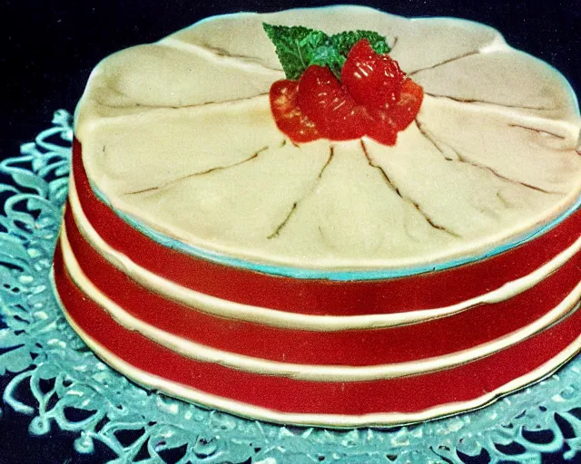 Image similar to 1970's cookbook color photograph of fancy cake sharp detail high detail