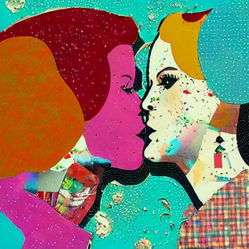 Image similar to two women kissing at a carnival, mixed media collage, retro, paper collage, magazine collage, acrylic paint splatters, retro psychedelia,