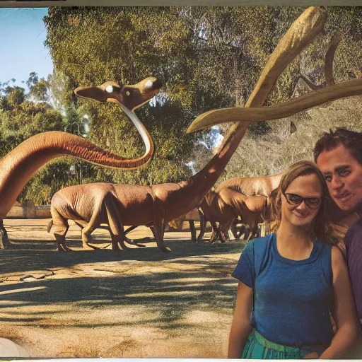 Image similar to photograph of a polaroid of a real brontosaurus exhibit at san diego zoo, tourists in background, bokeh, high definition, slr, golden hour, realistic skin