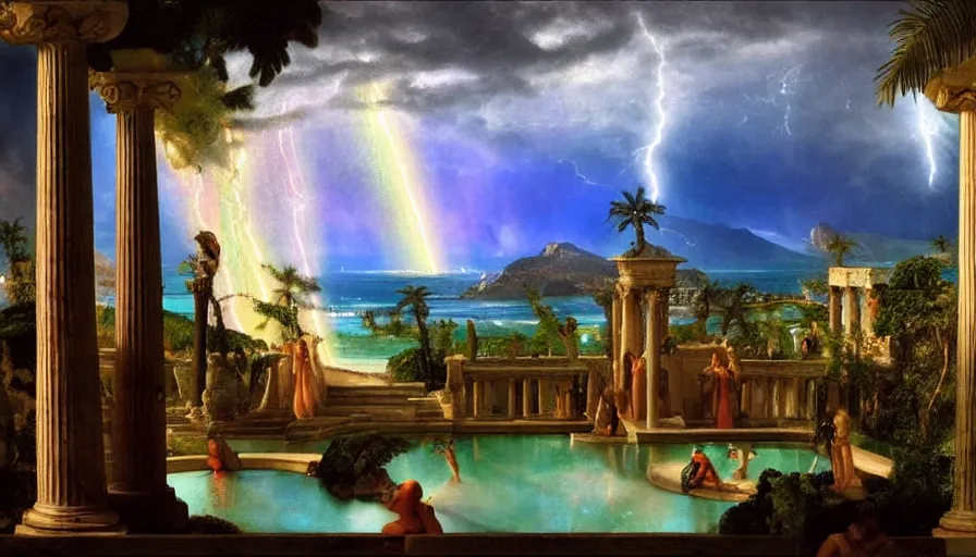 Image similar to From Inside the giant Palace, mediterranean balustrade and columns line, refracted sparkles, thunderstorm, greek pool, beach and Tropical vegetation on the background major arcana sky and occult symbols, by paul delaroche, hyperrealistic 4k uhd, award-winning, very detailed paradise