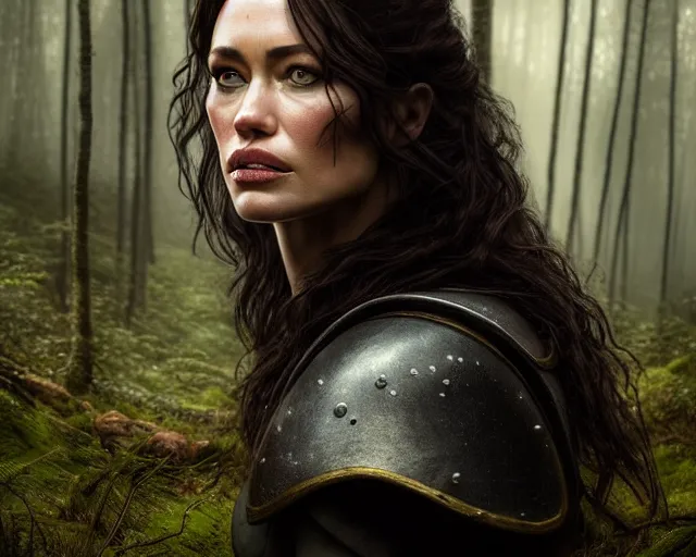 Image similar to 5 5 mm portrait photo of olga kurylenko as real life tough looking yennefer of vengerberg in black leader armor, in a forest. magical atmosphere. art by greg rutkowski. highly detailed 8 k. intricate. lifelike. soft light. nikon d 8 5 0.