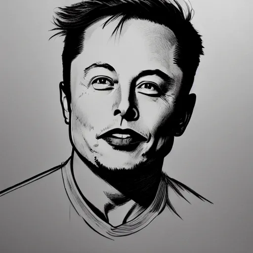 Image similar to Elon Musk portrait profile, black and white sketch, cellshaded, drawn in fine-tip pen, made by WLOP, trending on artstation