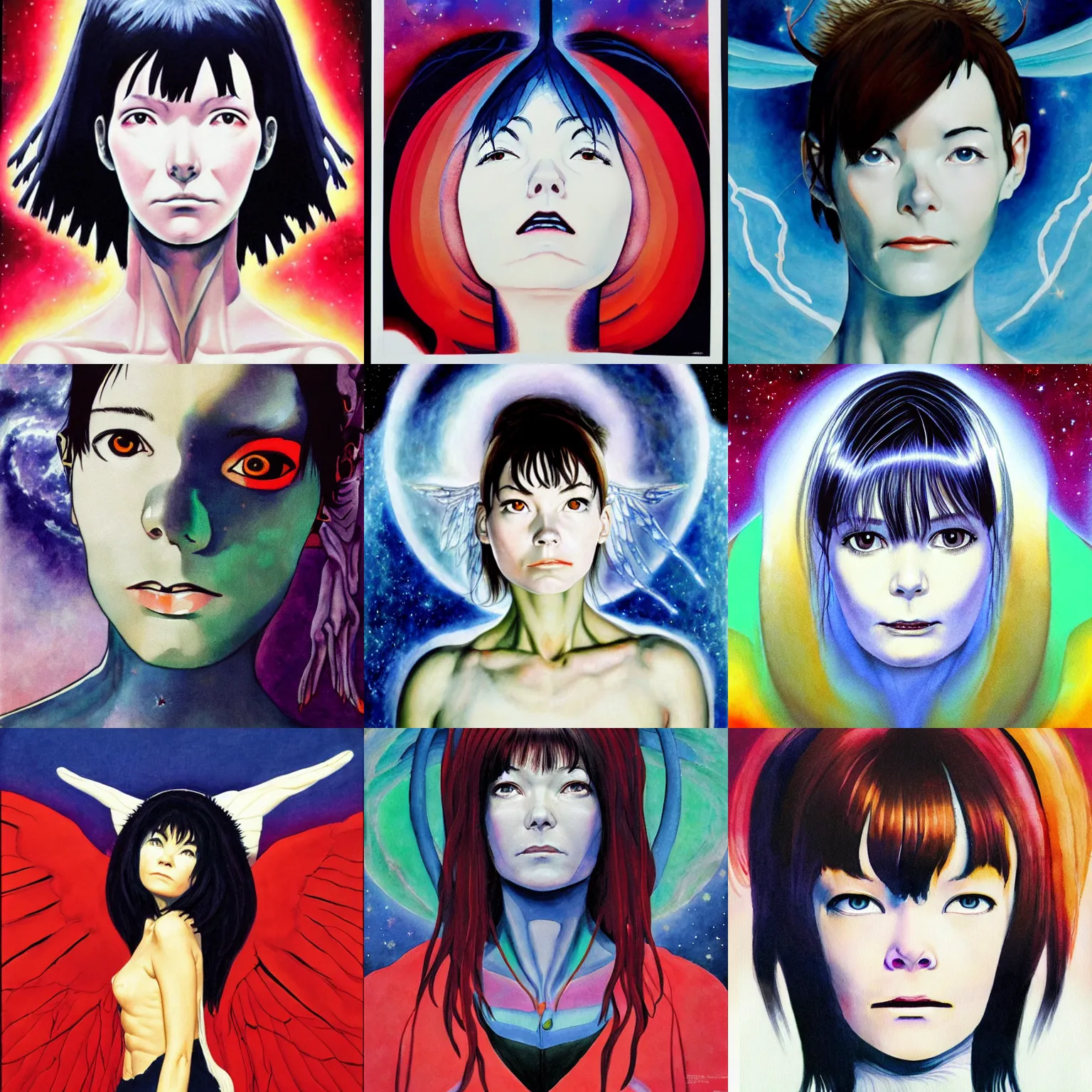 Prompt: end of evangelion poster, photorealistic portrait of bjork's face, bjork is a space angel, painted in watercolor by william blake, 1 8 2 6.