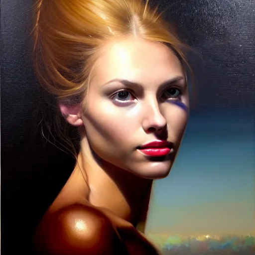 Prompt: Facial portrait of a gorgeous girl, looking away from the camera, seductive smile, sparkle in eyes, lips slightly parted, long flowing hair, no hands visible, delicate, teasing, arrogant, defiant, bored, mysterious, intricate, extremely detailed painting by Mark Brooks (and by Greg Rutkowski), visible brushstrokes, thick paint visible, no light reflecting off paint, vibrant colors, studio lighting