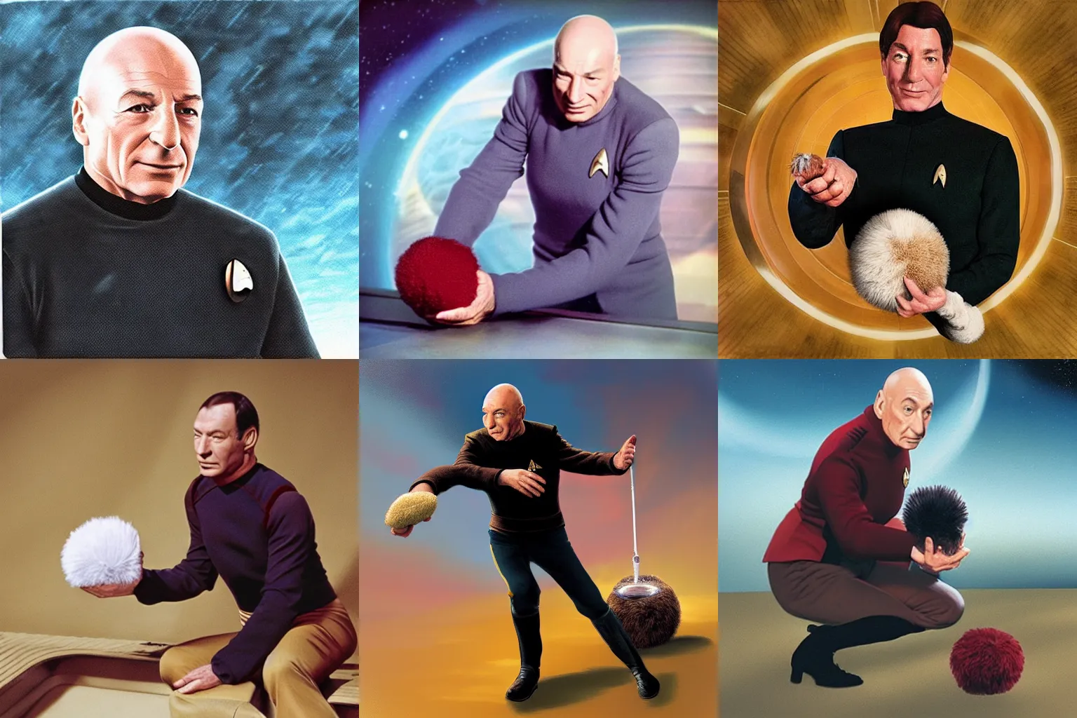 Prompt: “jean lean picard playing with a tribble on board the deck of the NCC 1701-A, star trek original series, high quality digital art”