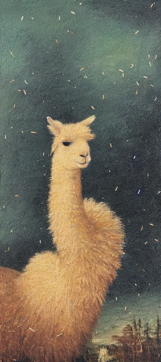 Prompt: detailed renaissance oil painting of an alpaca in the forest of pastel feathers lit by small fireflies at night