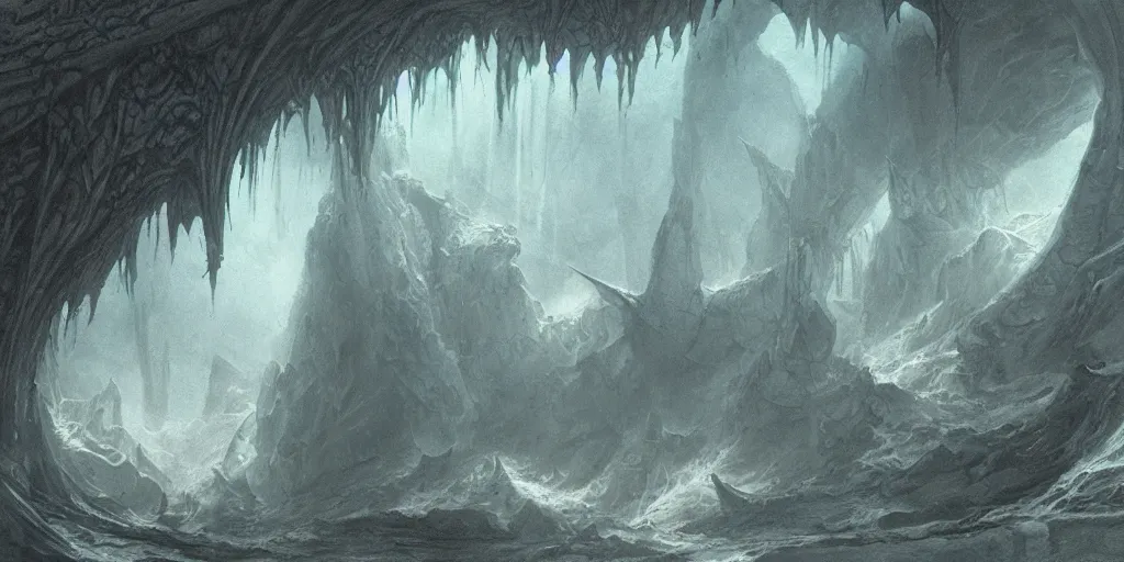 Image similar to artwork by john howe of the ruthless leviathan, cavern, 8 k, centered, highly detailed