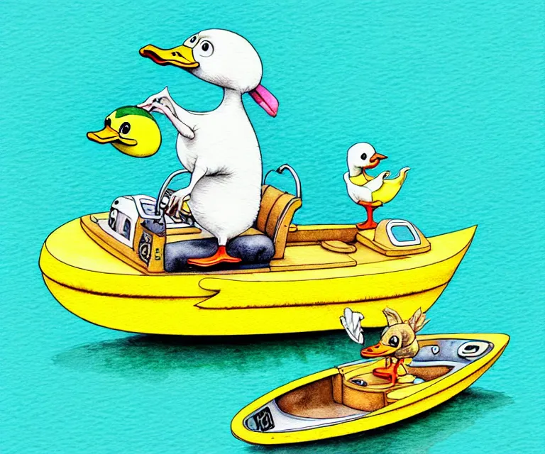 Image similar to cute and funny, duck riding in a tiny boat, ratfink style by ed roth, centered award winning watercolor pen illustration, isometric illustration by chihiro iwasaki, edited by craola, tiny details by artgerm and watercolor girl, symmetrically isometrically centered