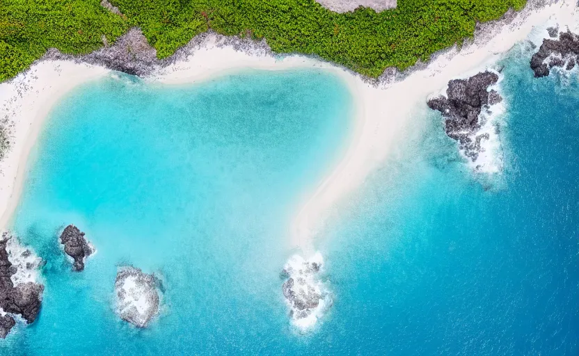 Prompt: top view on turquoise ocean waves and paradise beach, global illumination, highly detailed, 8 k