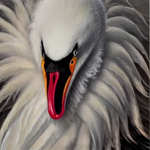 Prompt: hyperrealistic evil swan demon with long curly feathers, gritty horror oil painting, ultra detailed and disturbing