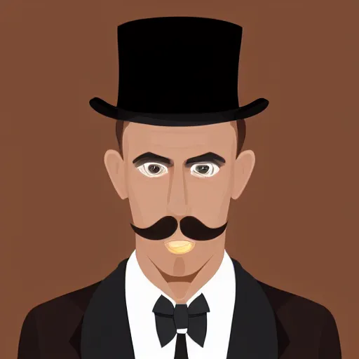 Image similar to Portrait of a man with brown hair and a brown mustache in black suit and black top hat, studio lighting, Sigma 85 mm f/1.4., digital painting, vector art, trending on artstation, sharp shadows