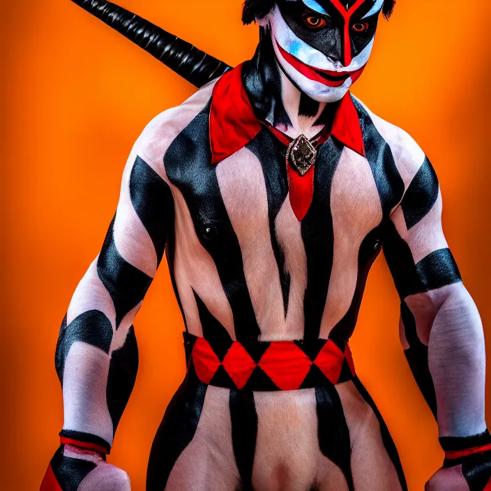 Image similar to full body photo of a real - life beautiful harlequin warrior, 8 k, hdr, smooth, sharp focus, high resolution, award - winning photo