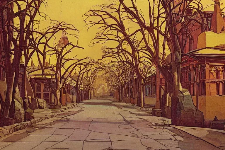 Image similar to tree-lined street in a very old very beautiful city by Thomas Seddon and Nicholas Roerich, ornate wrought iron, strong dramatic cinematic lighting , colorful tiled architecture, lost civilizations, smooth, sharp focus, extremely detailed