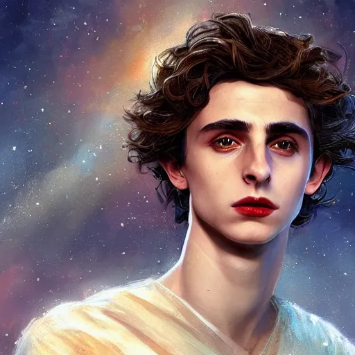 Prompt: fantasy magic Timothee Chalamet portrait, sci-fi, glossy eyes, face, long hair, fantasy, intricate, elegant, highly detailed, digital painting, artstation, concept art, smooth, sharp focus, illustration