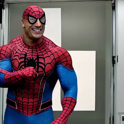 Image similar to dwayne johnson promo on ring wearing spiderman costumes