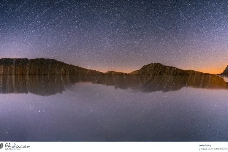 Prompt: beautiful nighttime landscape photography of the Rocky Mountains with a crystal blue lake, hyper detailed andromeda galaxy sky, serene, dramatic lighting, hyperrealist reflections on the water surface, wide angle lens