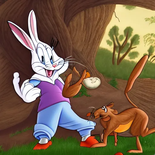 Image similar to bugs bunny being stalked and eaten by a mountain lion, digital art, 4k