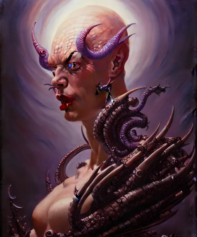 Image similar to beautiful evil fantasy character portrait, ultra realistic, demon, wide angle, intricate details, the fifth element artifacts, highly detailed by peter mohrbacher, hajime sorayama, wayne barlowe, boris vallejo, aaron horkey, gaston bussiere, craig mullins