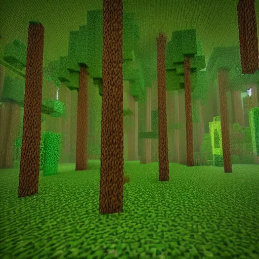 Image similar to atmospheric render of a forest, minecraft, rendered with blender, 4 k, rtx