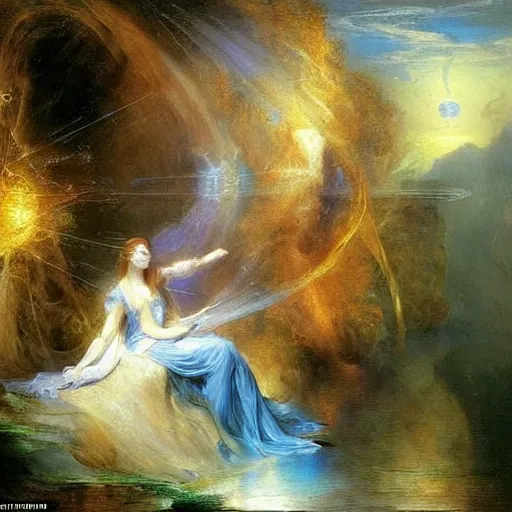 Image similar to A kinetic sculpture. A rip in spacetime. Did this device in her hand open a portal to another dimension or reality?! by Thomas Moran unified, serene