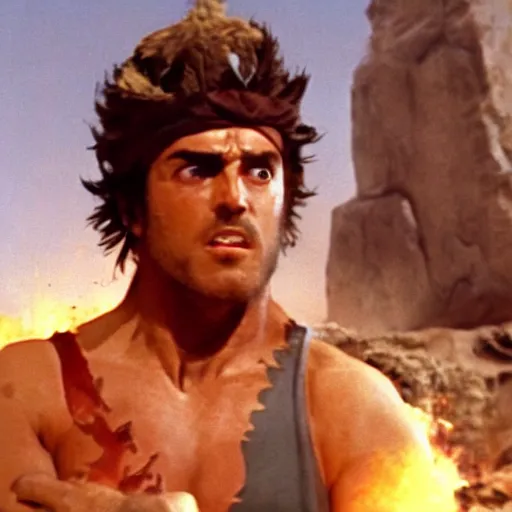 Prompt: a film still of Joseph Joestar from Battle Tendency in Raiders of the Lost Ark(1981)