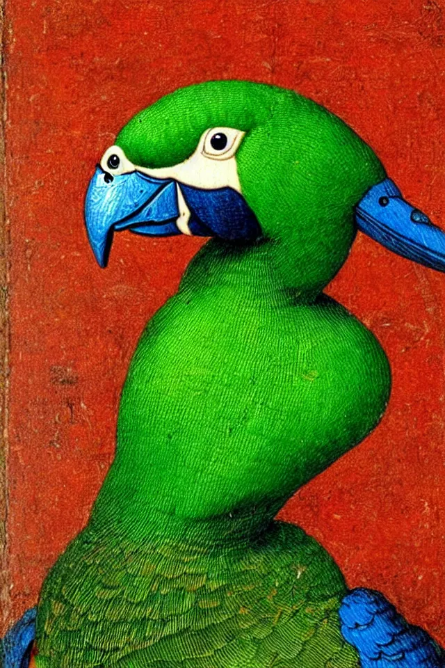 Image similar to a renaissance close up portrait of a green duck parrot as a ninja turtle, centered, triumphant, beautiful intricate painting