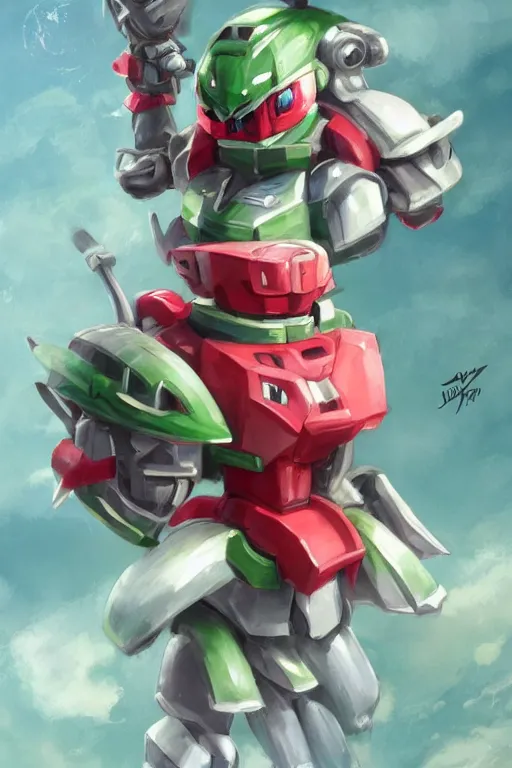 Image similar to cute anthropomorphic watermelon Gundam, Gundam made of watermelon, tiny, small, miniature Gundam, baby watermelon Robot, short, pale blue armor, cute and adorable, pretty, beautiful, DnD character art portrait, matte fantasy painting, cgsociety Artstation, by Jason Felix by Steve Argyle by Tyler Jacobson by Peter Mohrbacher, cinematic lighting