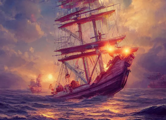 Image similar to detailed concept art illustration colorful pastel painting of a pirate ship on the ocean in full intricate sails and water, ultra detailed, digital art, octane render, 4K, dystopian, micro details