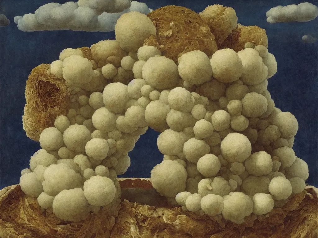 Image similar to fluffy, giant diaphanous fungi mold raising out of an old bread. painting by zurbaran, max ernst, agnes pelton, rene magritte, walton ford