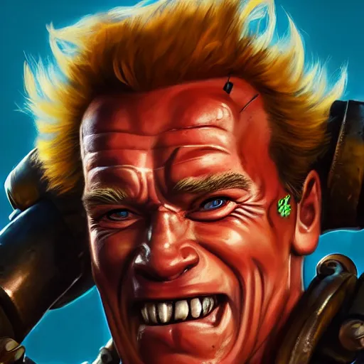 Image similar to a screenshot of arnold schwarzenegger as junkrat in overwatch, portrait, fantasy, beautiful face, vivid colors, elegant, concept art, sharp focus, digital art, hyper - realistic, 4 k, unreal engine, highly detailed, hd, dramatic lighting by brom, trending on artstation