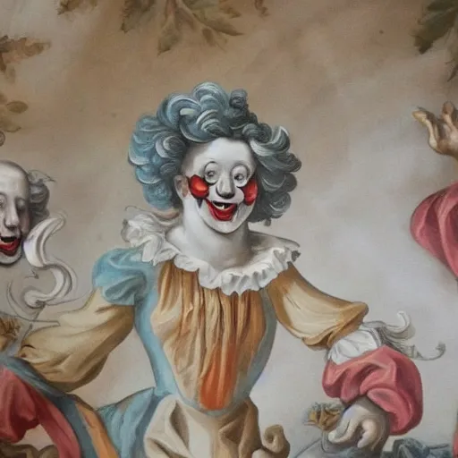 Image similar to baroque rococo fresco of a clown high detail