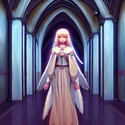 Image similar to angelic girl in intricate clothing walking a cathedralic hallway at night, very high detail, painting, anime, wlop, ilya kuvshinov, artgerm, krenz cushart, greg rutkowski, sana takeda