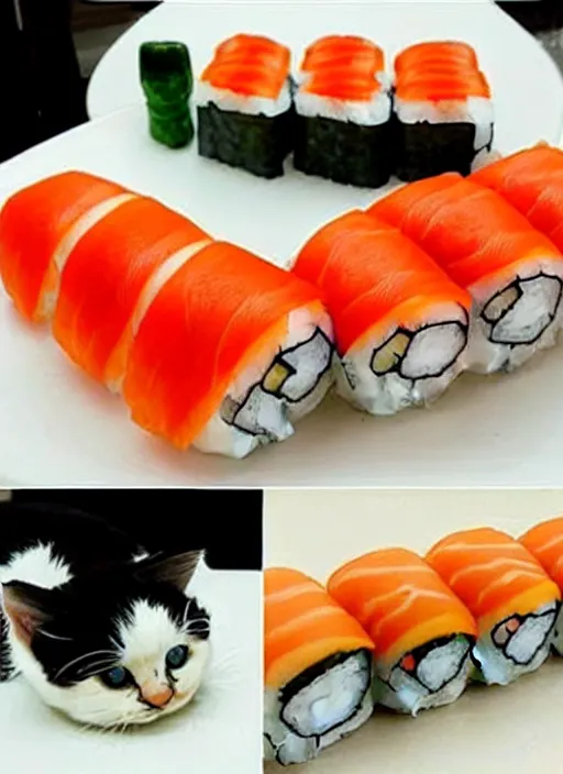 Image similar to clear photorealistic picture of adorable cats made out of sushi