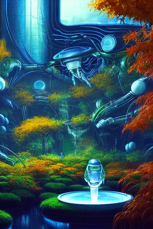 Image similar to futuristic garden glowing in autumn, marble fountains, small waterfalls, ecosystem, electronic bumblebees, 1 9 8 0 s science fiction, 1 9 7 0 s science fiction, alien 1 9 7 9, cyberpunk, 3 d oil painting, depth perception, 4 k, artstation