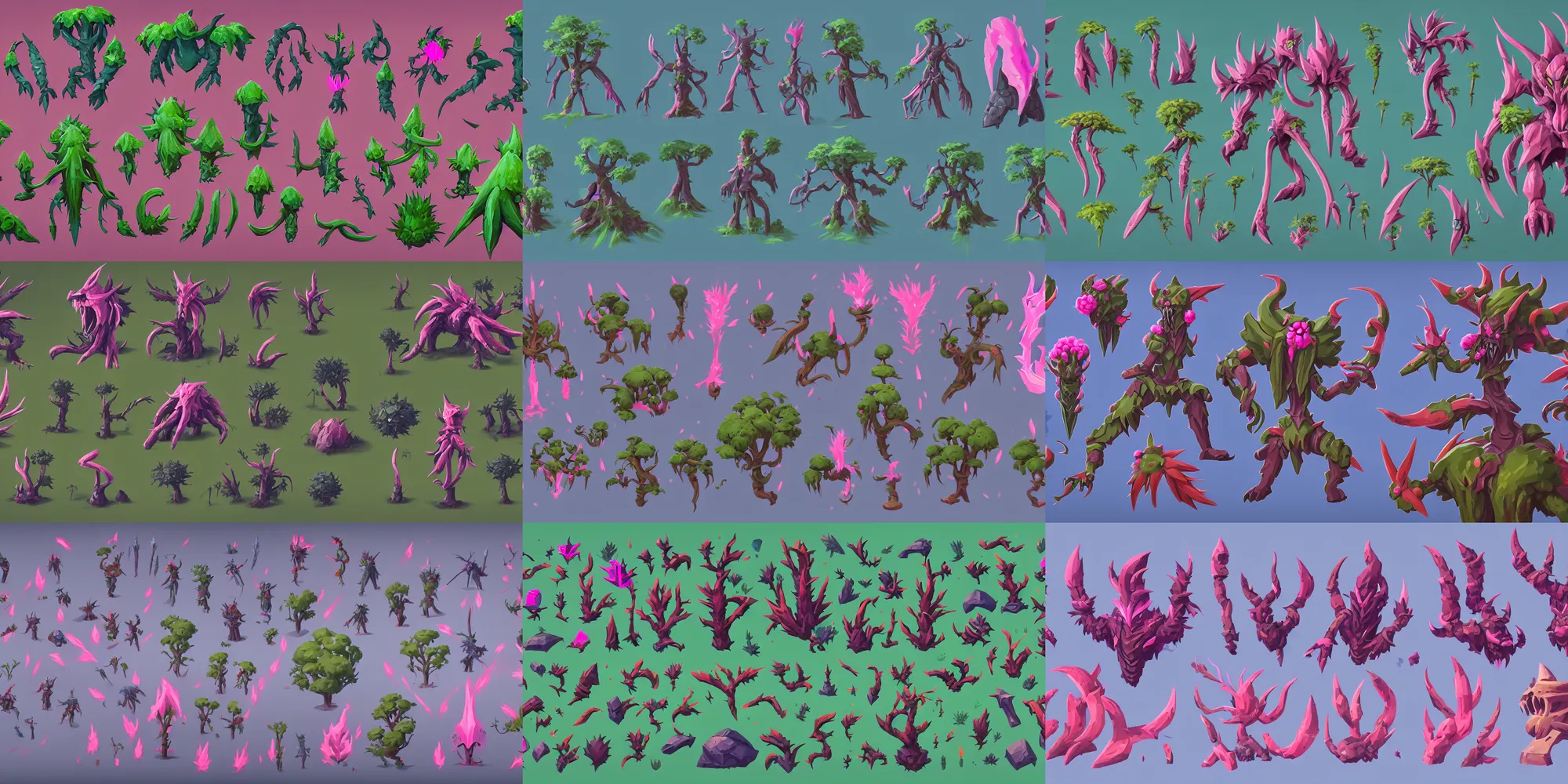 Prompt: game asset of demonic plants and trees, in gouache detailed paintings, props, stylized, 2 d sprites, kitbash, arcane, overwatch, blue and pink color scheme, 8 k, close up