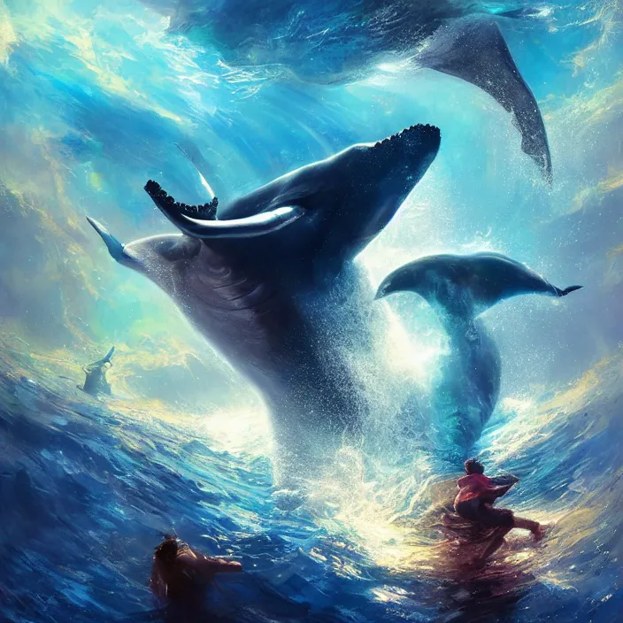 Prompt: glimmering whale splash, dolphins, golden hour, god rays, coral reef, dreamscape by artgerm and ruan jia and ismail inceoglu and greg olsen, cosmos, milky way galaxy, masterpiece, beautiful, intricate, elegant, highly detailed