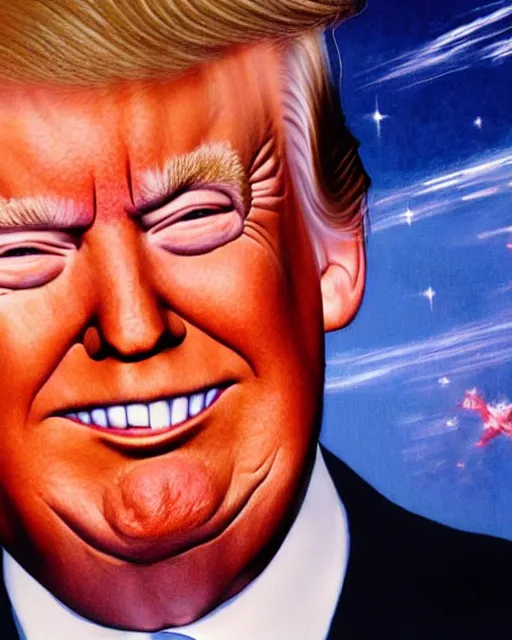 Image similar to donald trump with a subtle smirky smile painted by drew struzan, intrincate background, clear highly detailed, beautiful sci fi art