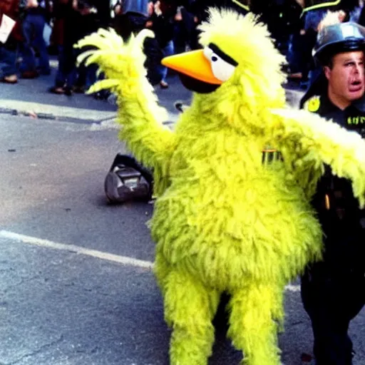 Image similar to a photo of big bird from Sesame Street being arrested at a riot