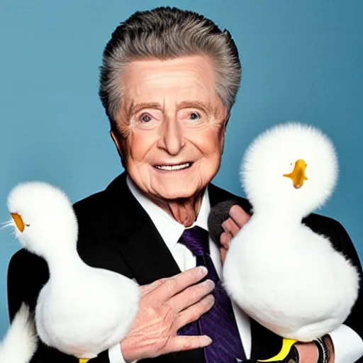 Prompt: regis philbin, holding a white duck