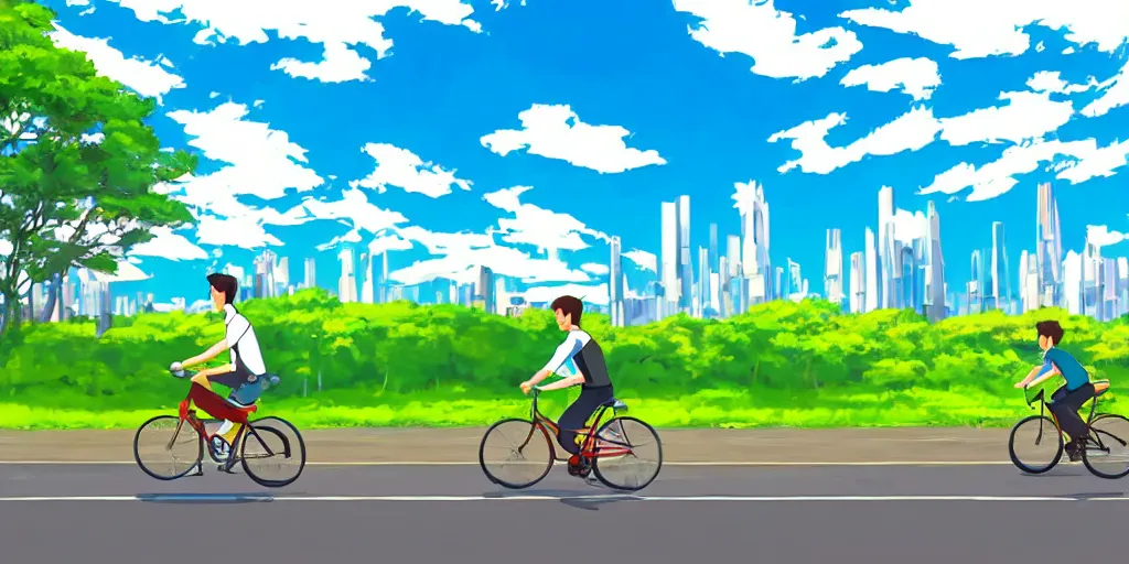 Prompt: a young man riding a bicycle on a single road from an open grassy field into a futuristic metropolis under a clear blue sky, painting in the style of studio ghibli, 4 k